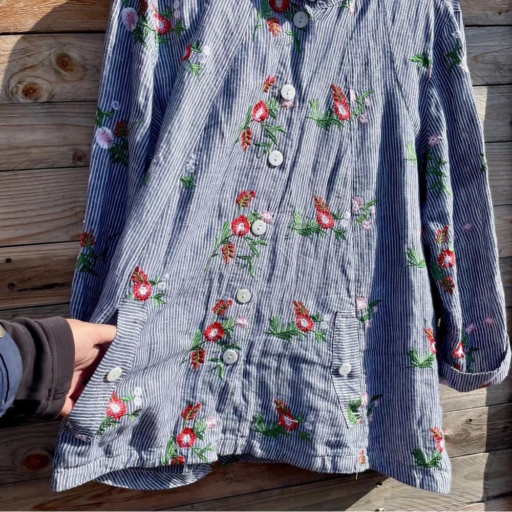 John.Mark linen button down collar loose fit embroidered top - Picture 4 of 12